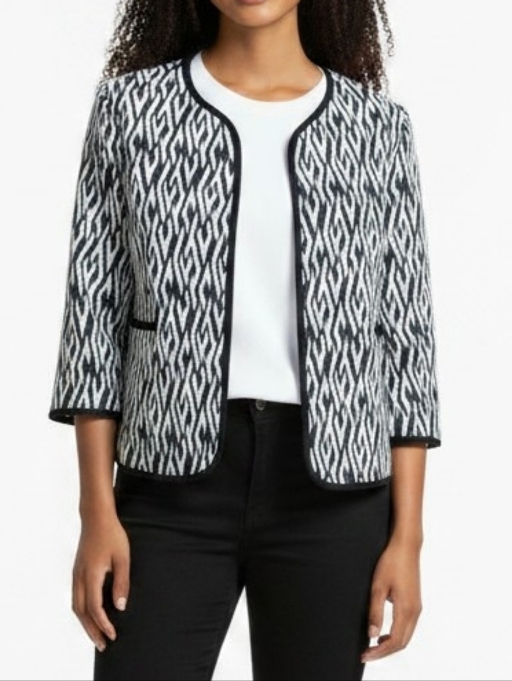 Kasper Blazer Women Size 10 Black White Abstract Open 3/4 Sleeve Textured Lined